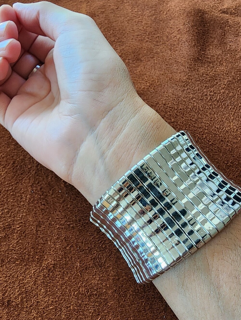 Silver Tone Stretch Metal Bracelet Wide CHUNKY Heavy Goth Core Y2K